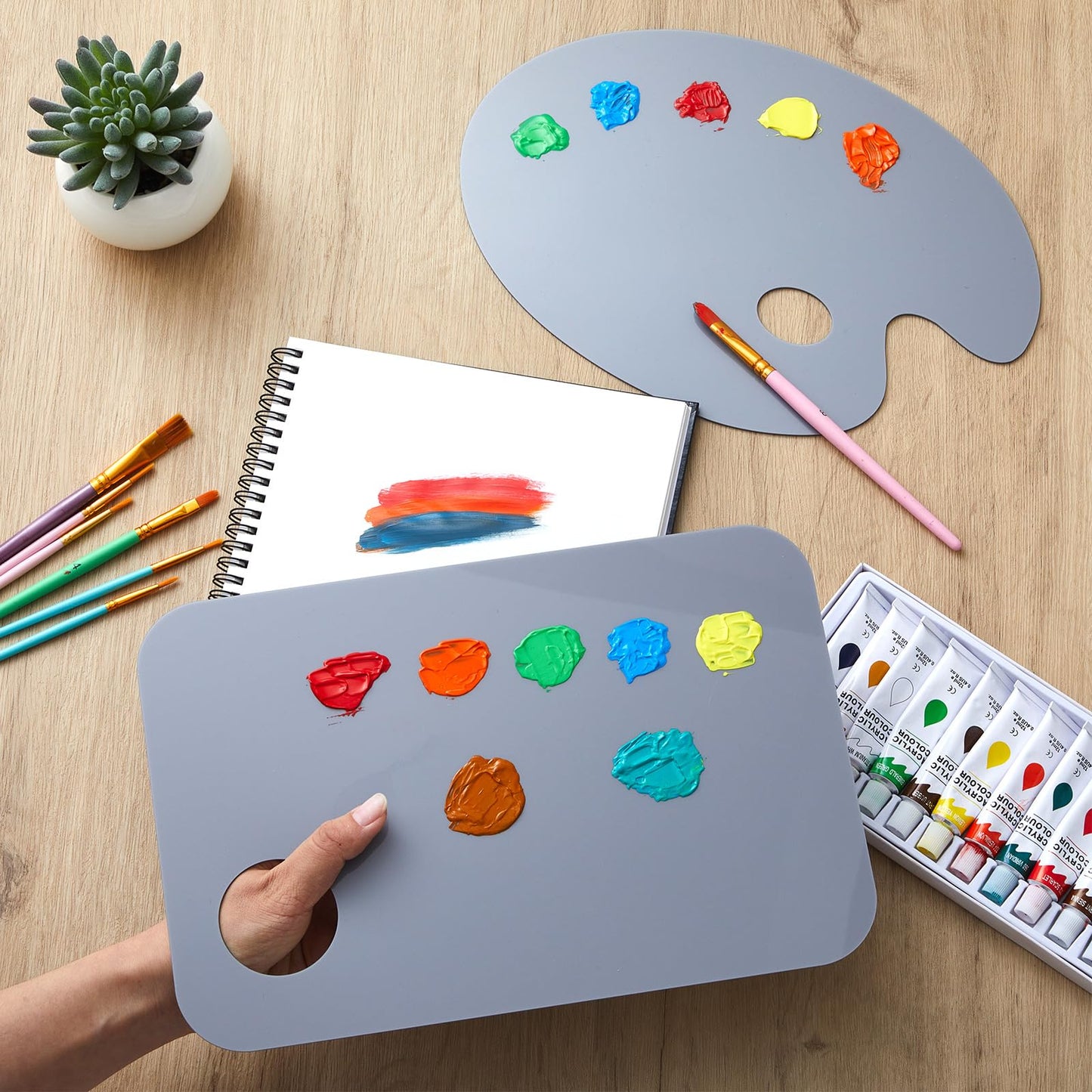 Honoson 2 Pack 11.8 x 7.9 Inch Neutral Grey Acrylic Paint Palette with Opaque Paint Pallet, Easy to Clean Non Stick Artist Pallet for Oil Watercolor Craft DIY Painting Palette (Square and OVA)