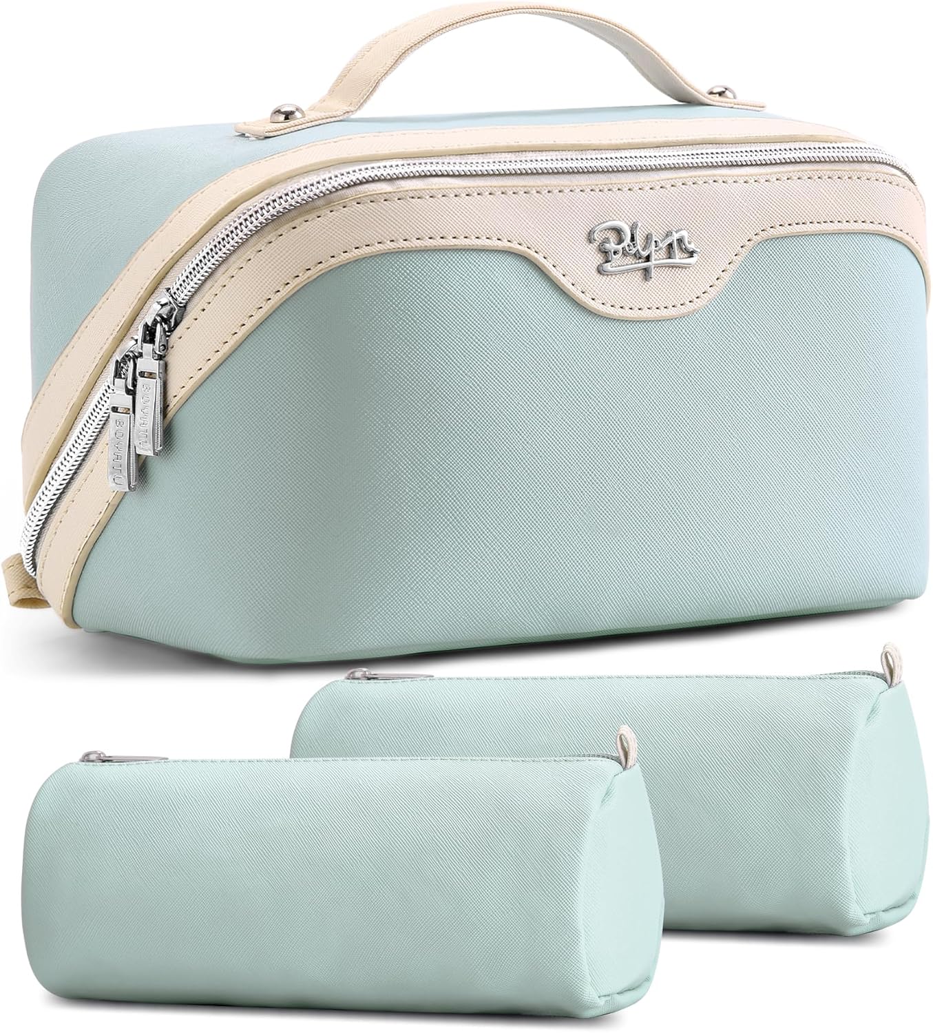 Travel Makeup Bag Organizer Set - 3 Pcs Waterproof Vegan Leather Cosmetic Bags for Women | Black
