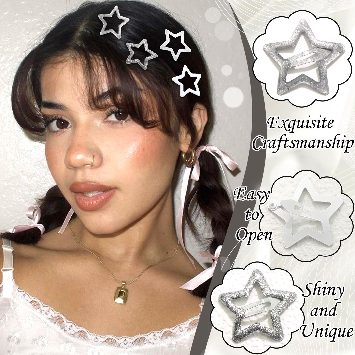 NAISKA 24Pcs Silver Star Sequins Hair Barrettes for Women Y2k Non Slip Hair Clips Star Clips for Hair Cute Small Metal Snap Hair Barrettes for Girls Thick Thin Hair