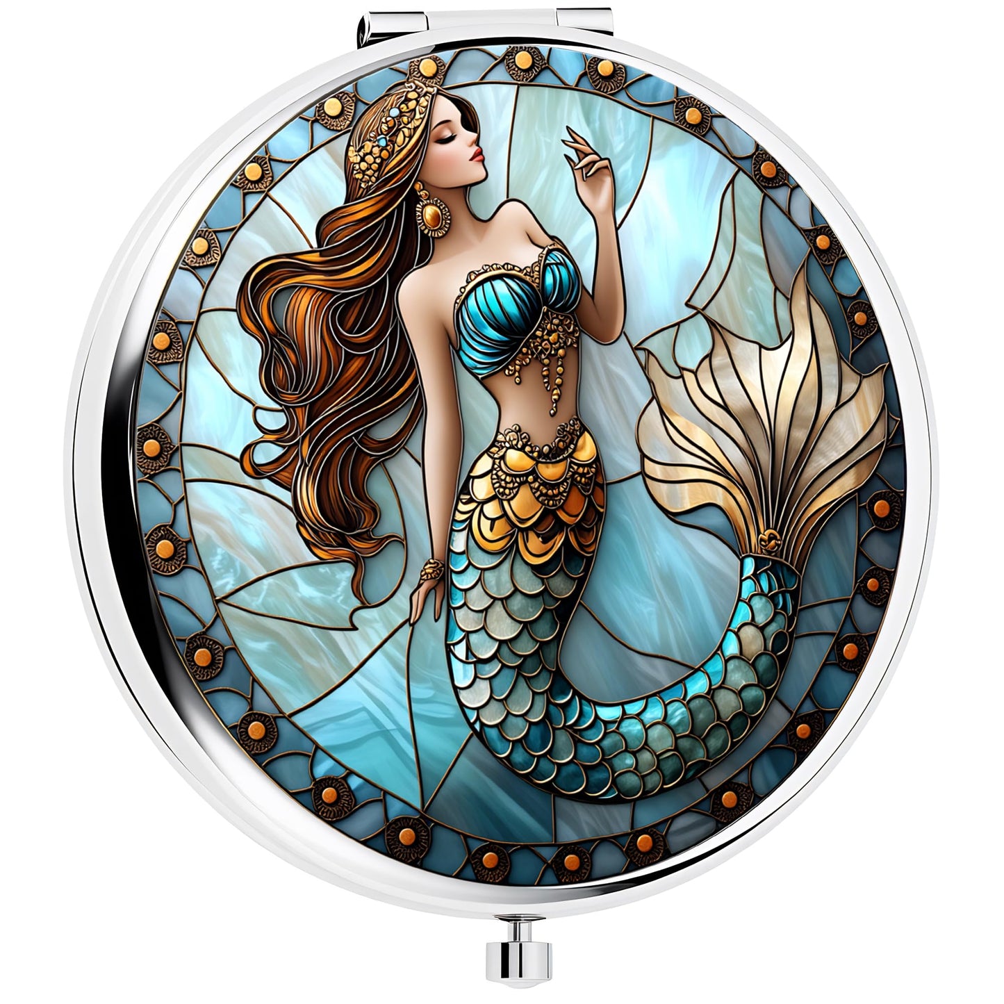 Silver Compact Mirror, 2.8x2.8inch Double-Sided Folding Makeup Mirror with Golden Tail Mermaid Design, Ideal Gift for Women