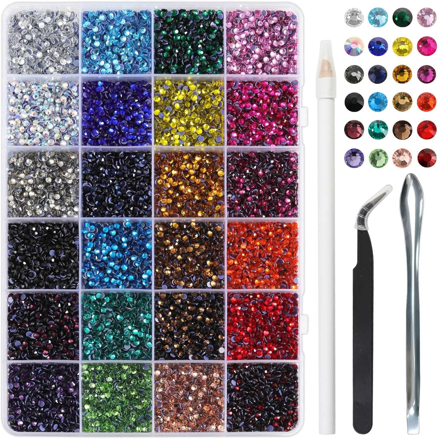 Hotfix Rhinestones - 24 Color Mixed SS10 Craft Crystals with Tweezers, Wax Pencil & Spoon