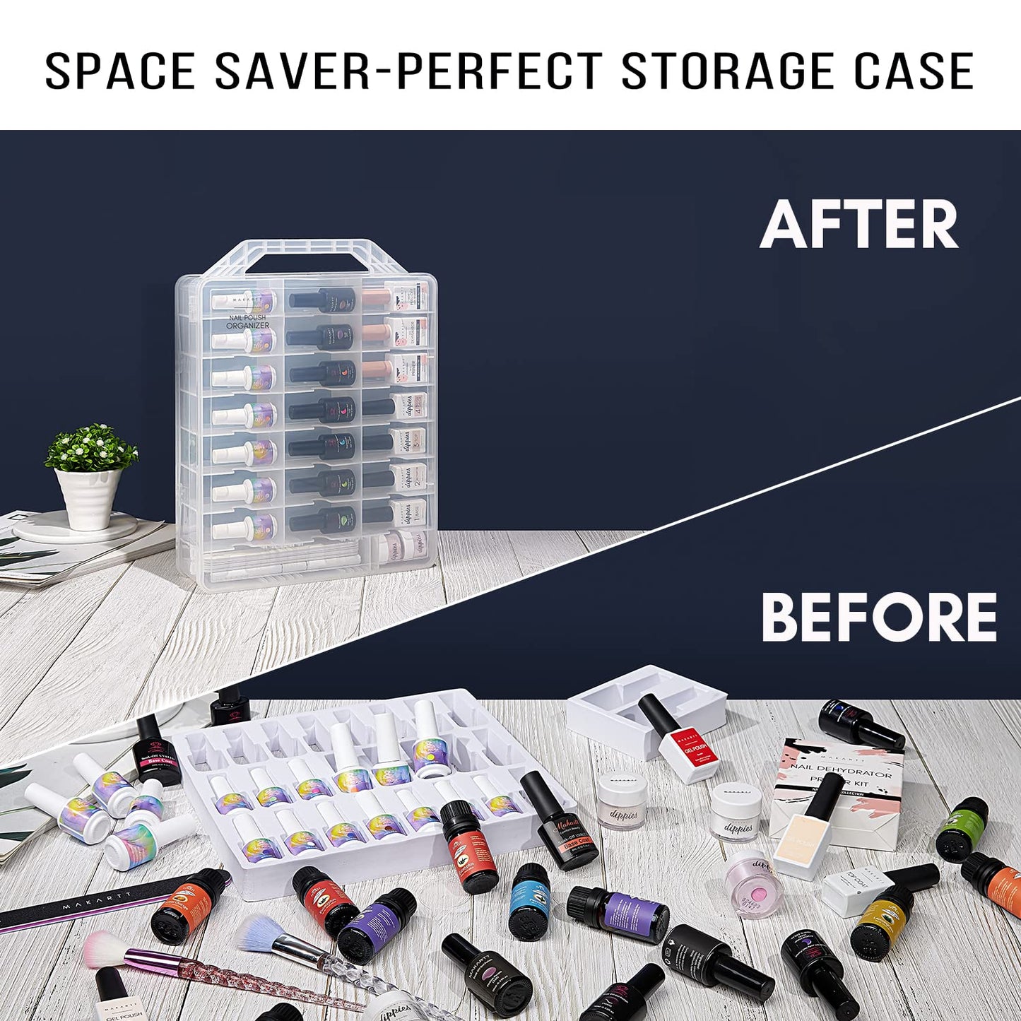 Makartt Nail Polish Organizer - Clear Holder for 48 Bottles | Portable Gel Case with 8 Adjustable Dividers