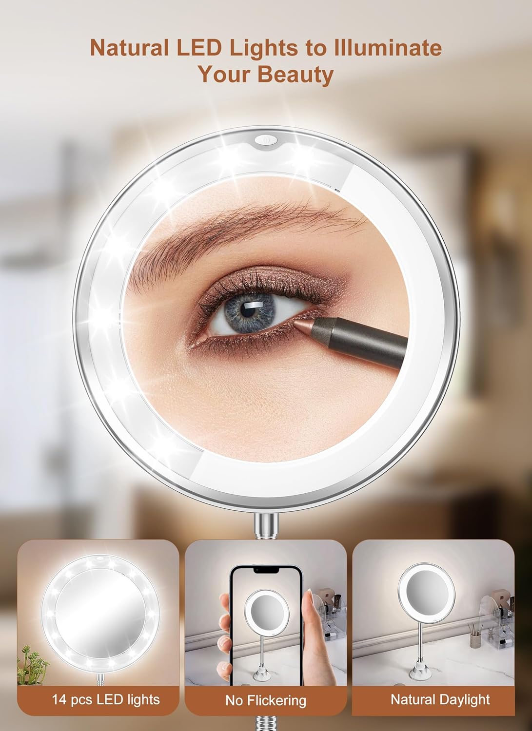 Brightown 10x Magnifying Makeup Mirror with Light - Flexible Gooseneck, Cordless Design, Suction Cups | Silver