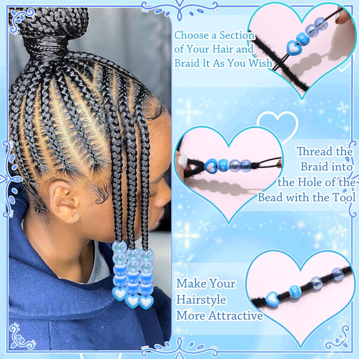 NAISKA 60Pcs Blue Hair Beads Heart Dreadlock Jewelry Bead Round Clear Braids Beads Hair Decoration Cute Hair Accessories