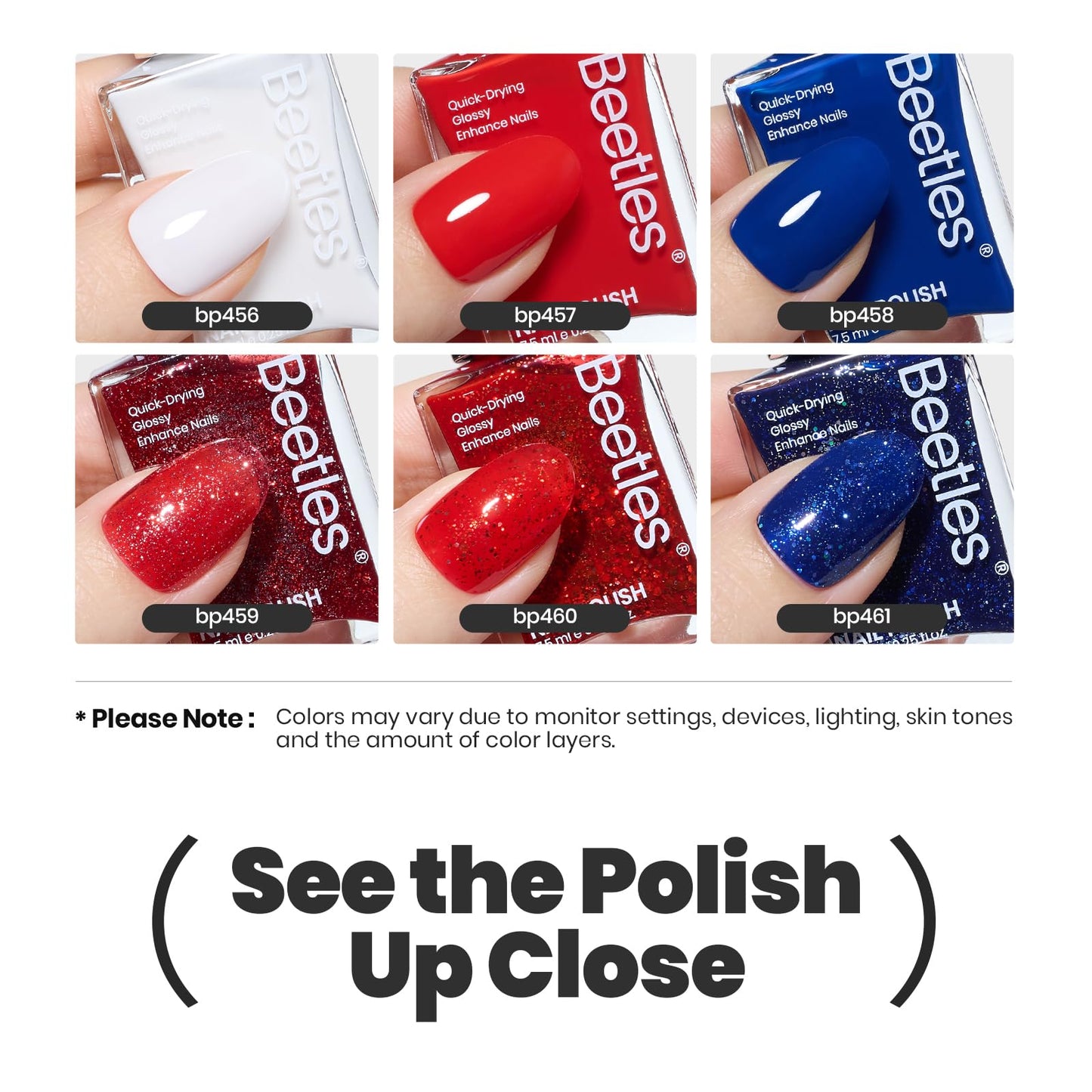 Beetles 4th of July Nail Polish - Midnight Fireworks, 6 Colors Red White and Blue Nail Polish Set Sparkle Glitter Fingernail, Quick Dry Long Lasting DIY Red White and Blue Nails Art Design for Summer