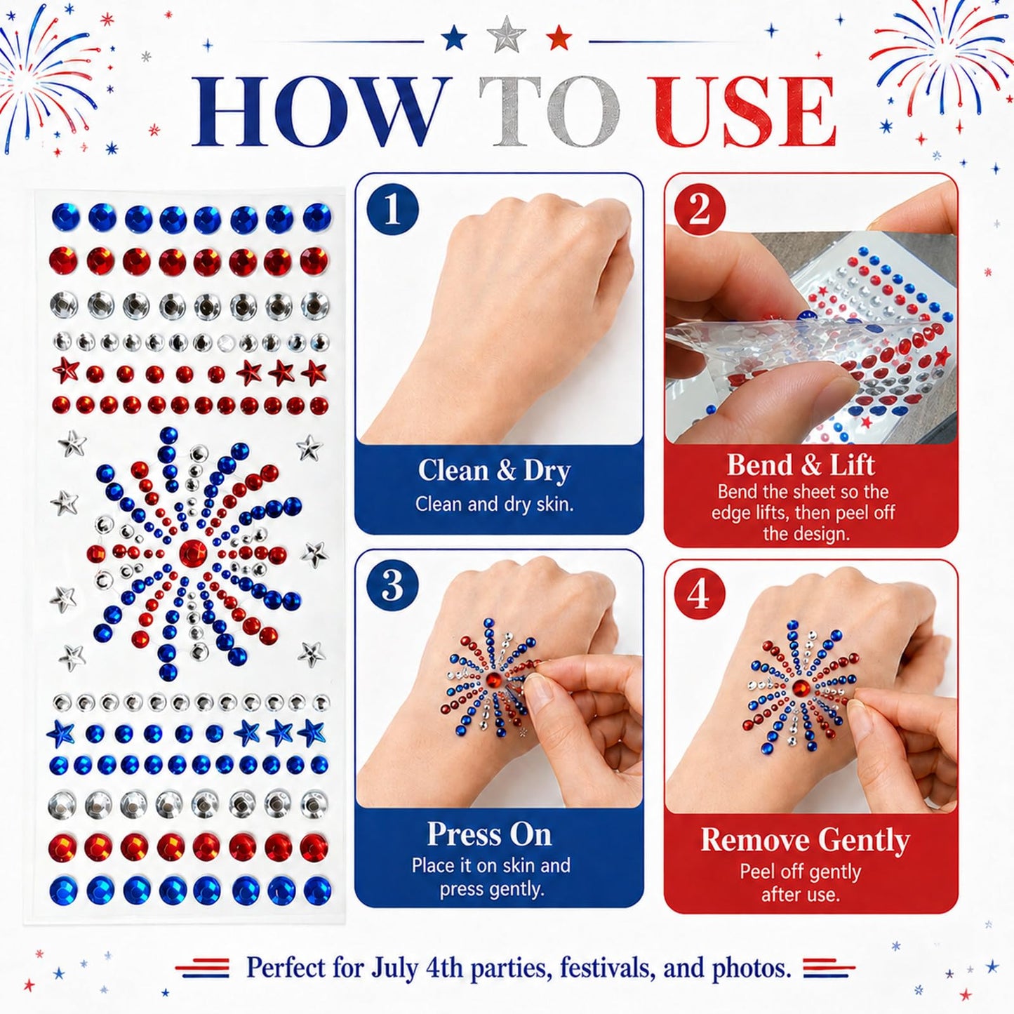 Go Ho 4th of July Star Face Hair Gems,Red White and Blue Patriotic Fireworks-Shaped Rhinestone Stickers,Self-Adhesive Glitter Crystal Gems,Festival Accessories for Women Kids on Independence Day
