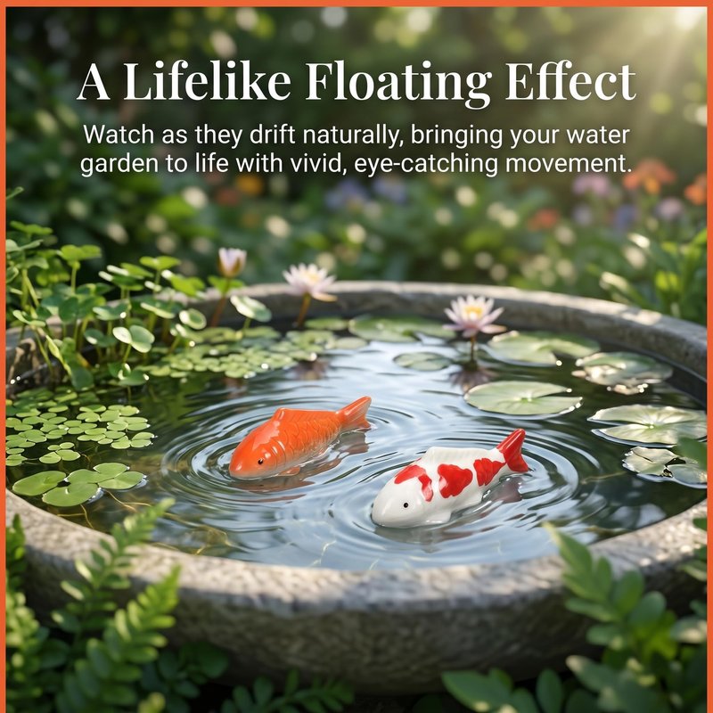 Housoutil Ceramic Floating Koi Fish, 2PCS Ceramic Floating Fake Fish Goldfish Koi Decor Realistic Water Pond Decor for Outdoor Fountain, Bird Bath, Mini Water Garden and Fake Aquarium