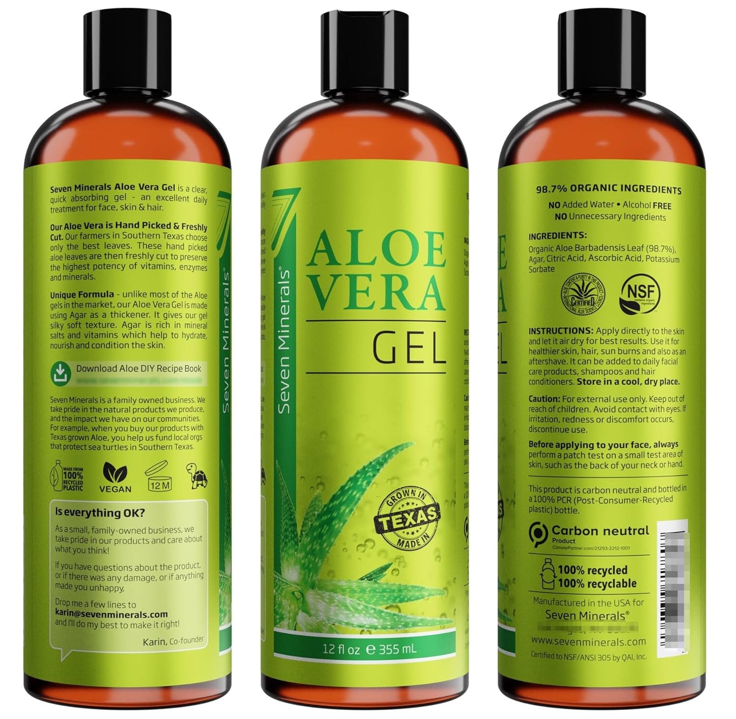 Organic Aloe Vera Gel - 100% Pure & Vegan - 12oz for Face, Skin, Hair & Sunburn Relief | Texas Grown