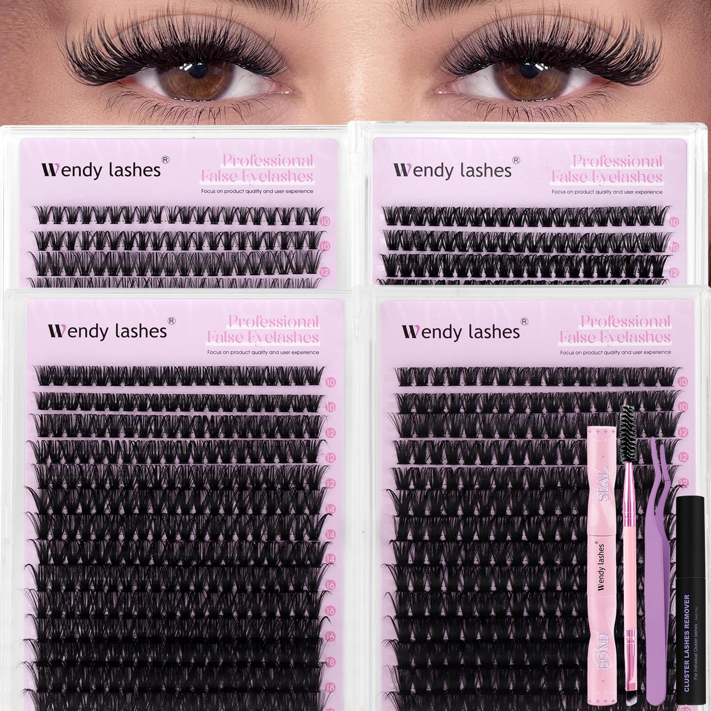 Natural Lash Clusters Kit Packs: Wendy, 1078Pcs, 40D, 60D, 60D, 80D, D Curl, 10-18mm Mixed, Soft, Cat Eye, DIY Eyelash, Individual, Fake Lashes, Bulk Pack
