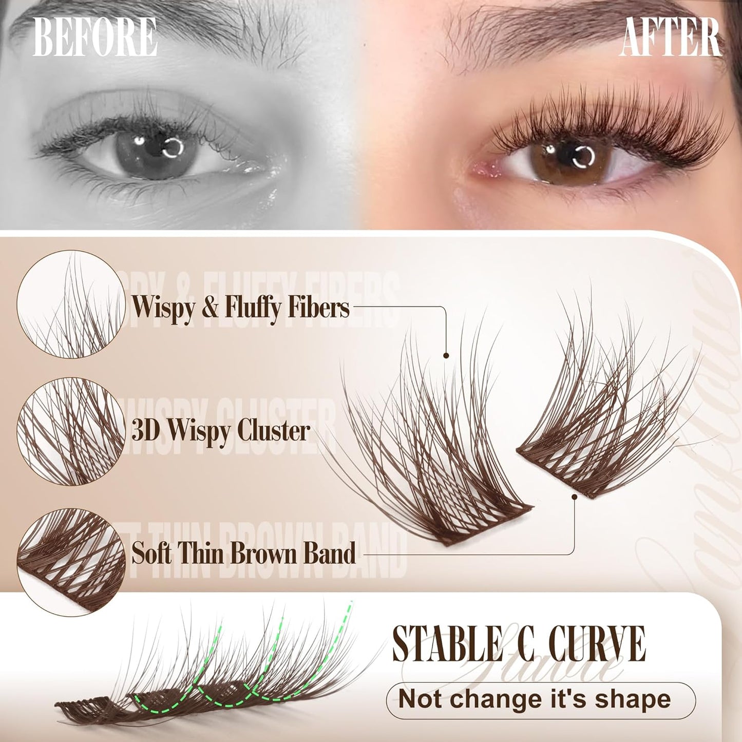 Brown Lash Clusters - Wispy Eyelash Extensions for Natural Look | C Curl Dark Brown Individual Lashes