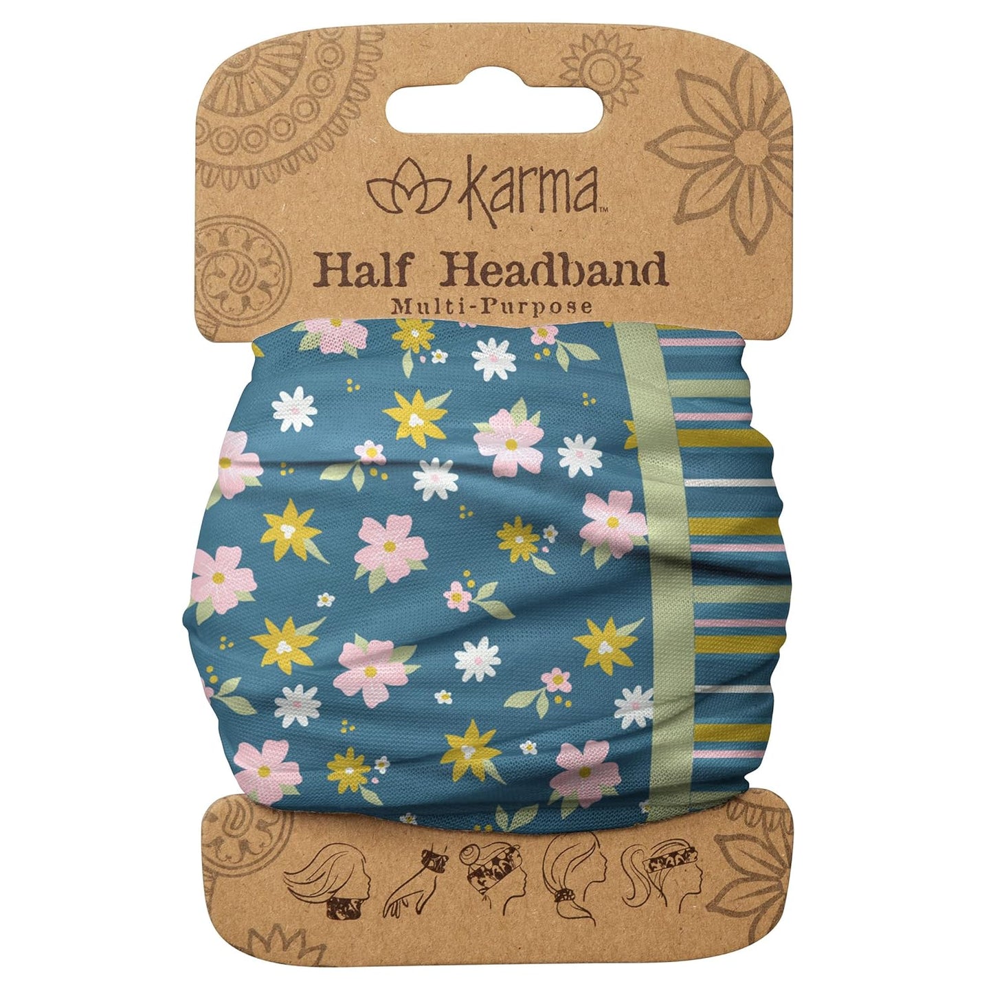 Floral Headband for Women | Stretchy Fabric Hair Scarf - Light Tan & Blue - Medium Size