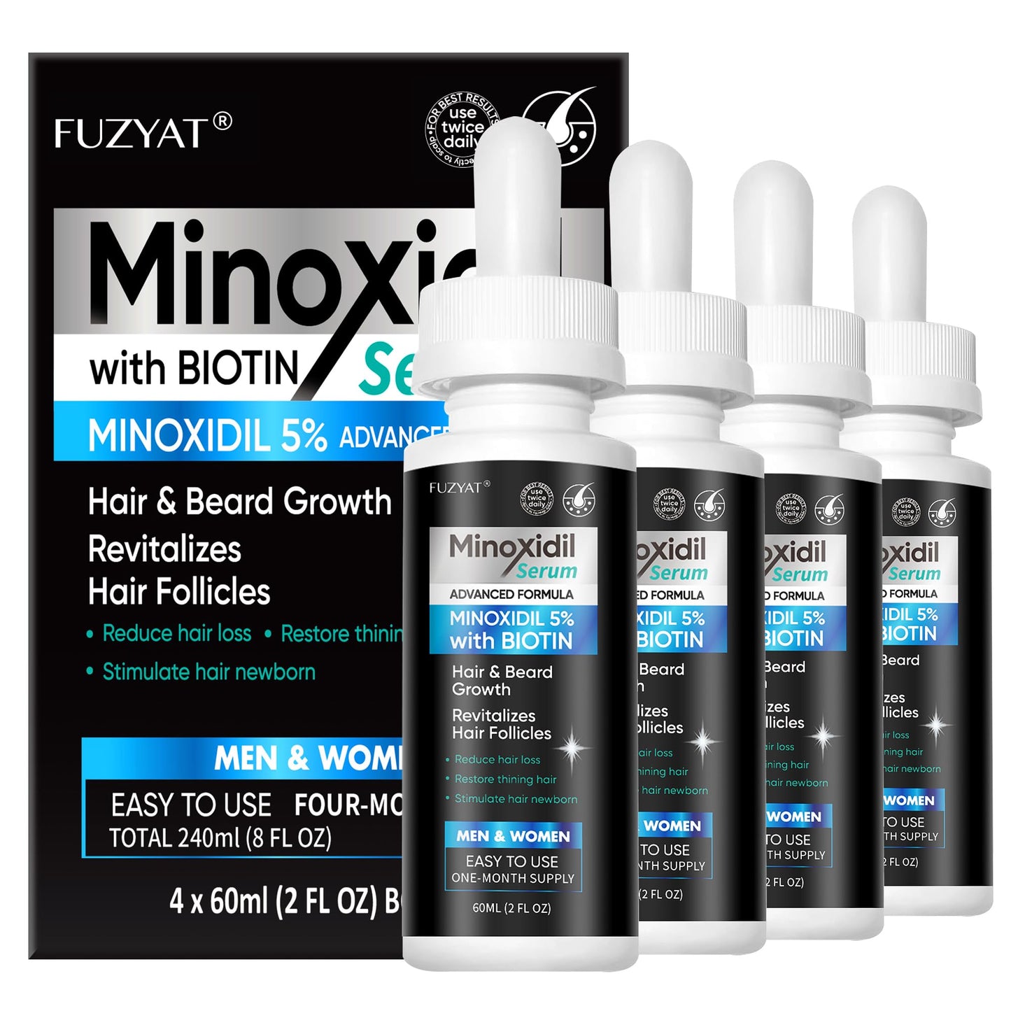 5% Minoxidil for Men, Minoxidil for Women Hair Growth Treatment, Beard Growth Serum, Biotin & Castor Oil Enriched,Strengthens Weak Roots, Repairs Thinning Hair (240ml)