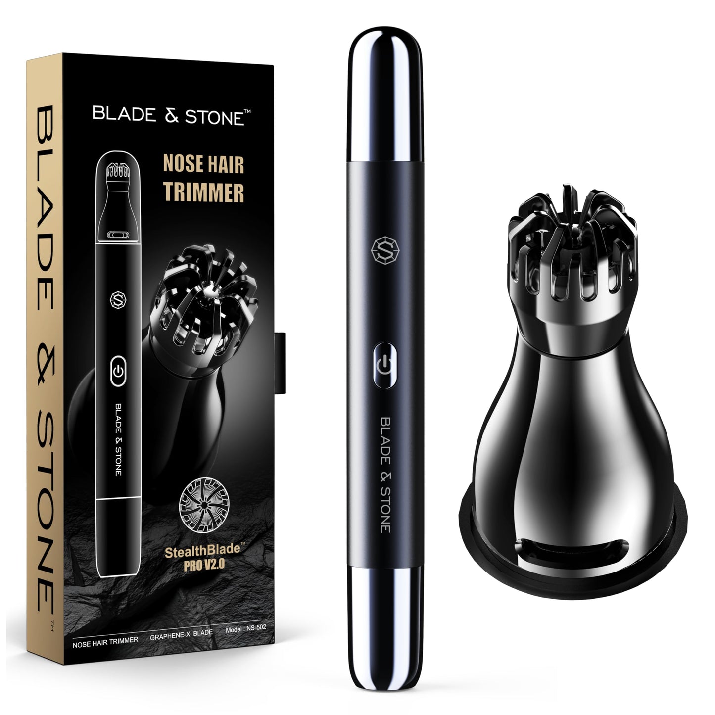 Blade & Stone™ NS502-DN Nose & Ear Trimmer 2.0 | Graphene-X™ Blade | High-Velocity Low-Noise Motor | Patented Rotary Blade Design | Skin-Friendly, Tug-Free Performance, Detachable Head - Dark Night