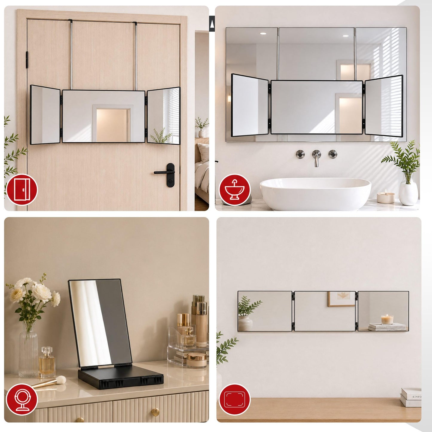 LAITEMEN 3 Way Mirror for Self Hair Cutting, 360 Barber Mirror Self Cut for Braiding Hair, 3way Haircut to See Back of Head for Men and Women, Black (Without LED)