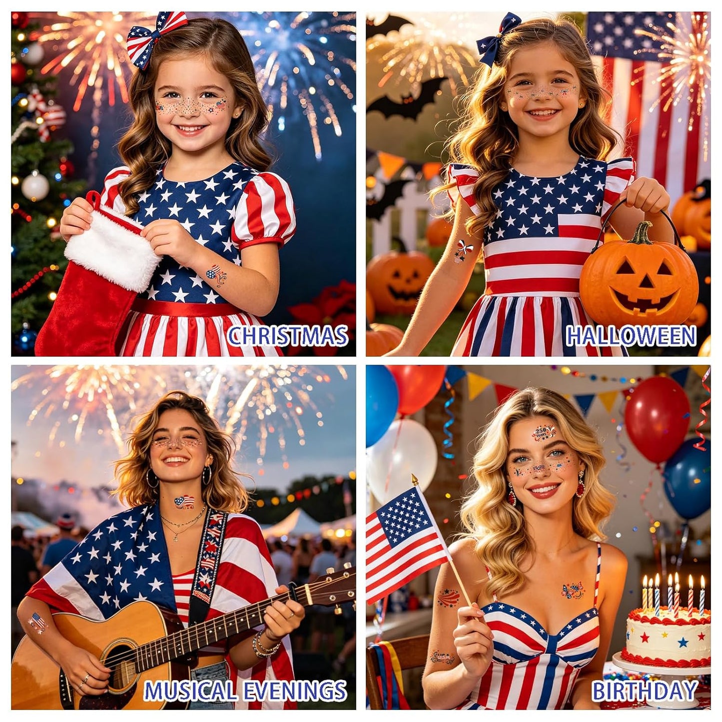 4th of July Glitter Freckles Face Tattoos - Patriotic Red, White & Blue Star Design | 28 Pairs for Festive Makeup