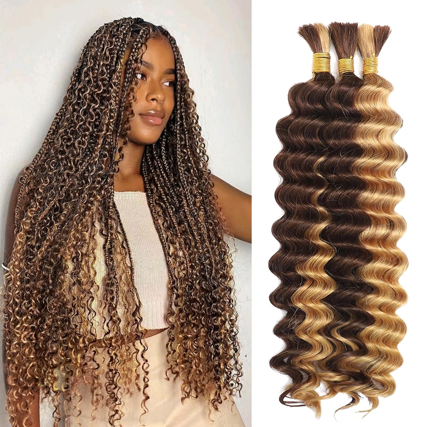 22 Inch Human Braiding Hair - Boho Deep Wave Bulk Brazilian Virgin Hair | 3 Bundles, 110g, Natural Color