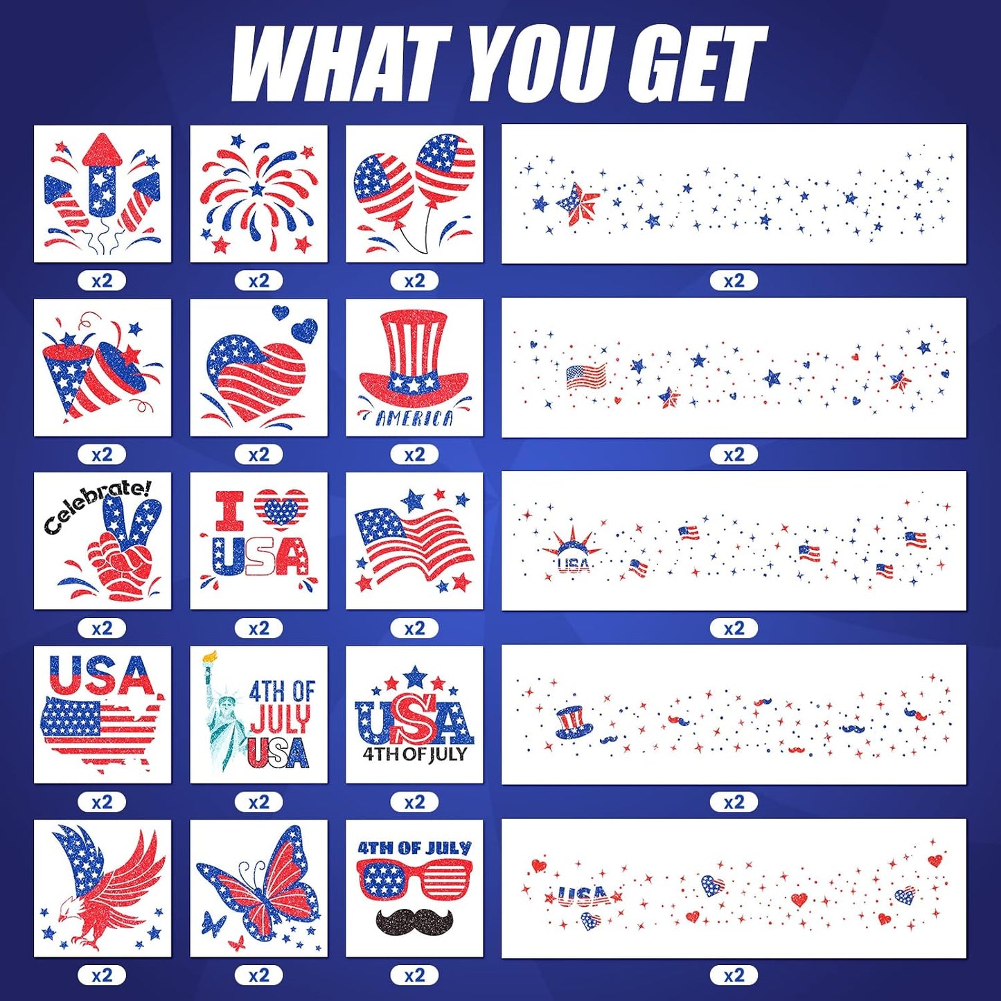 4th of July Face Tattoos - 40 Pcs Glitter Freckles with American Flag | Red, White & Blue Makeup Kit for Independence Day Celebrations