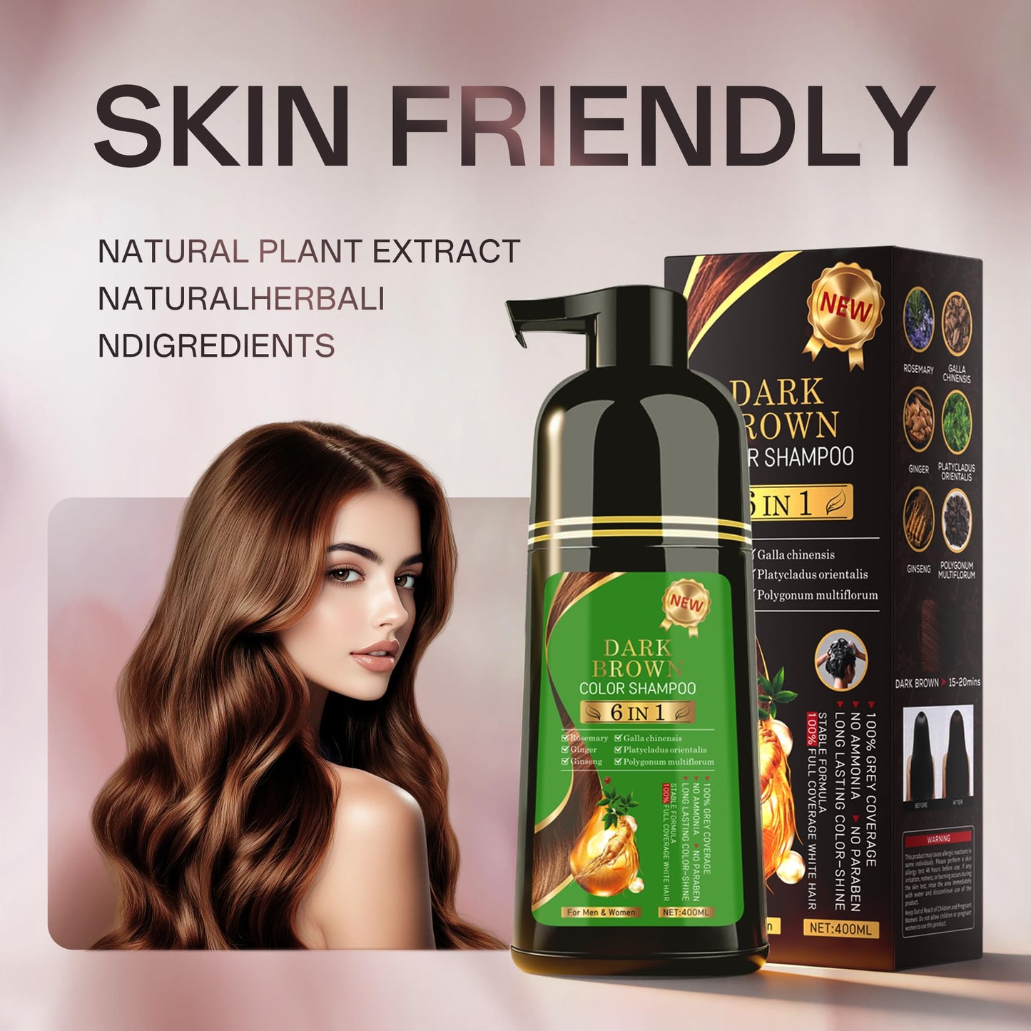 Black Hair Dye Shampoo 6-in-1 for Gray Hairr，Semi-Permanent Hair Color Shampoo for Women and Men，100% Grey Coverage Long-Lasting Color，Natural herbal Ingredients(Natuarl Black)