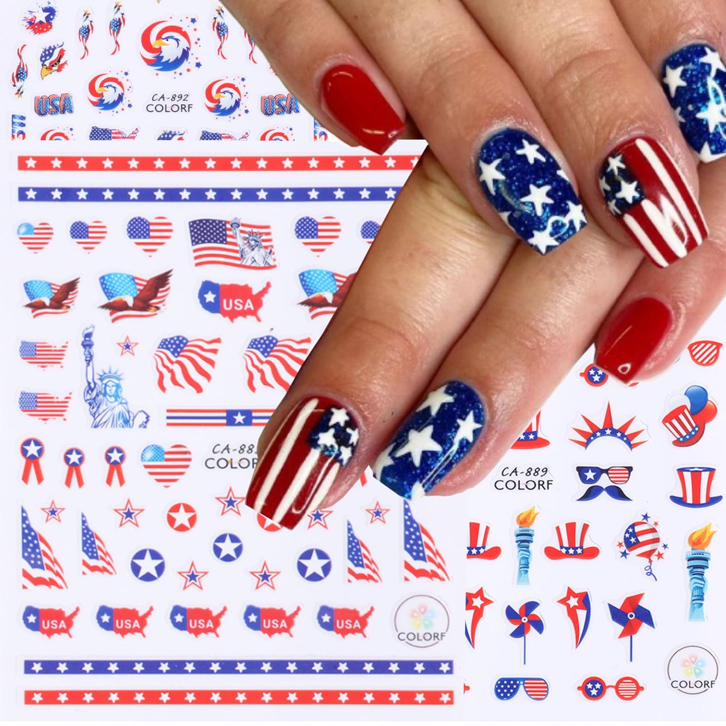 4th of July Nail Stickers Independence Day Nail Art Decals American Flag Self-Adhesive Nail Sticker for Patriotic 10 Sheets 3D Nail Stickers Nail Supplies for Women Kids