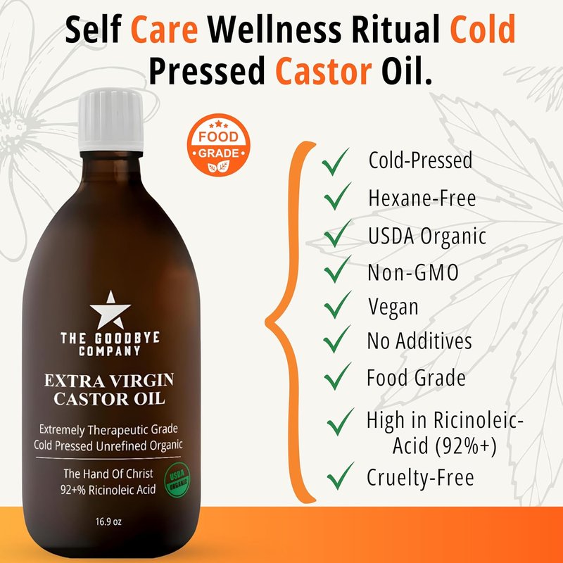 USDA Organic Cold-Pressed Castor Oil - Extra Virgin, Hexane-Free | 16.9 oz Amber Glass Bottle for Hair, Skin & Lashes