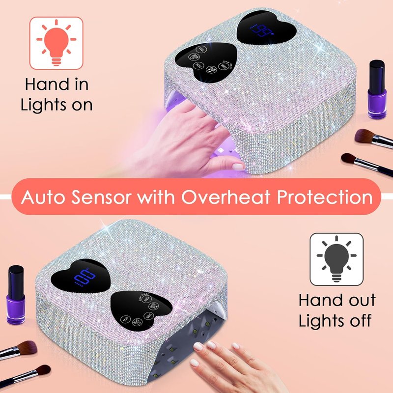 HUITINE UV LED Nail Lamp - Cordless 80W Rechargeable Gel Light Dryer with 5 Timers & Mirror Base | Sparkling Rhinestones Design