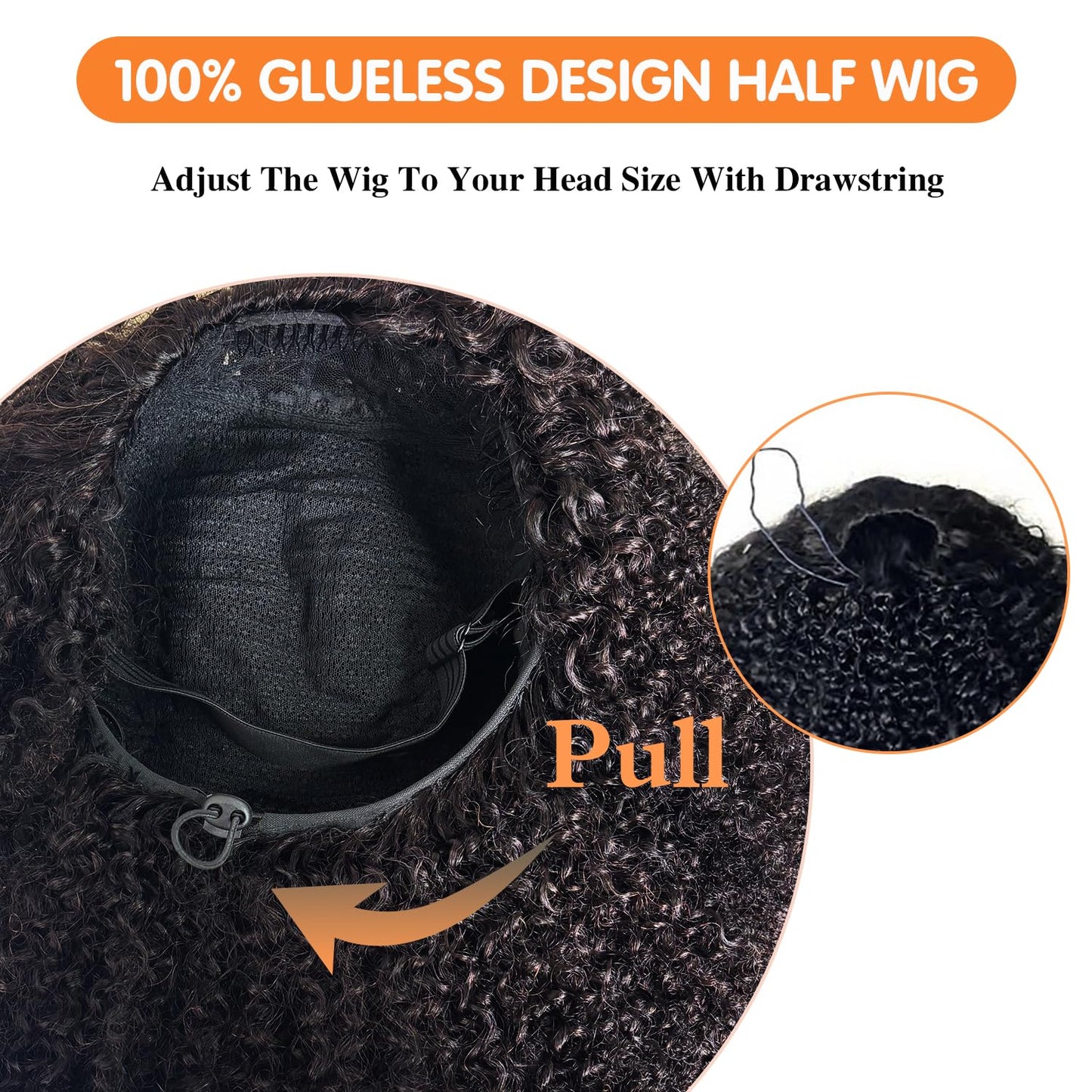 Kinky Curly Half Wig - 200 Density Human Hair | Seamless Glueless Design, 18-Inch Length, Beginner Friendly