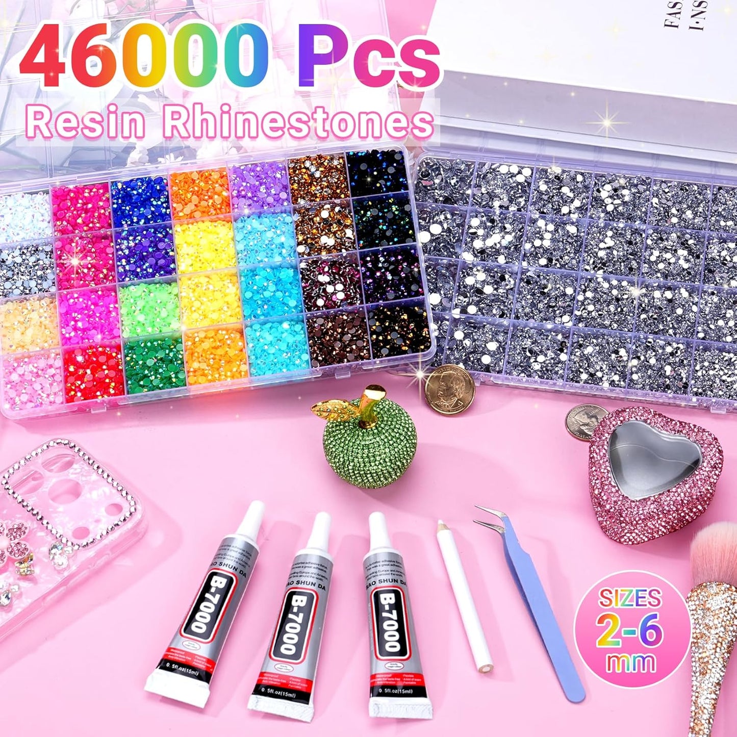 Jelly Rhinestones - 46000 Pcs Multicolor & Silver Flatback Gems | 4mm-6mm Crafting Kit with B7000 Jewelry Glue