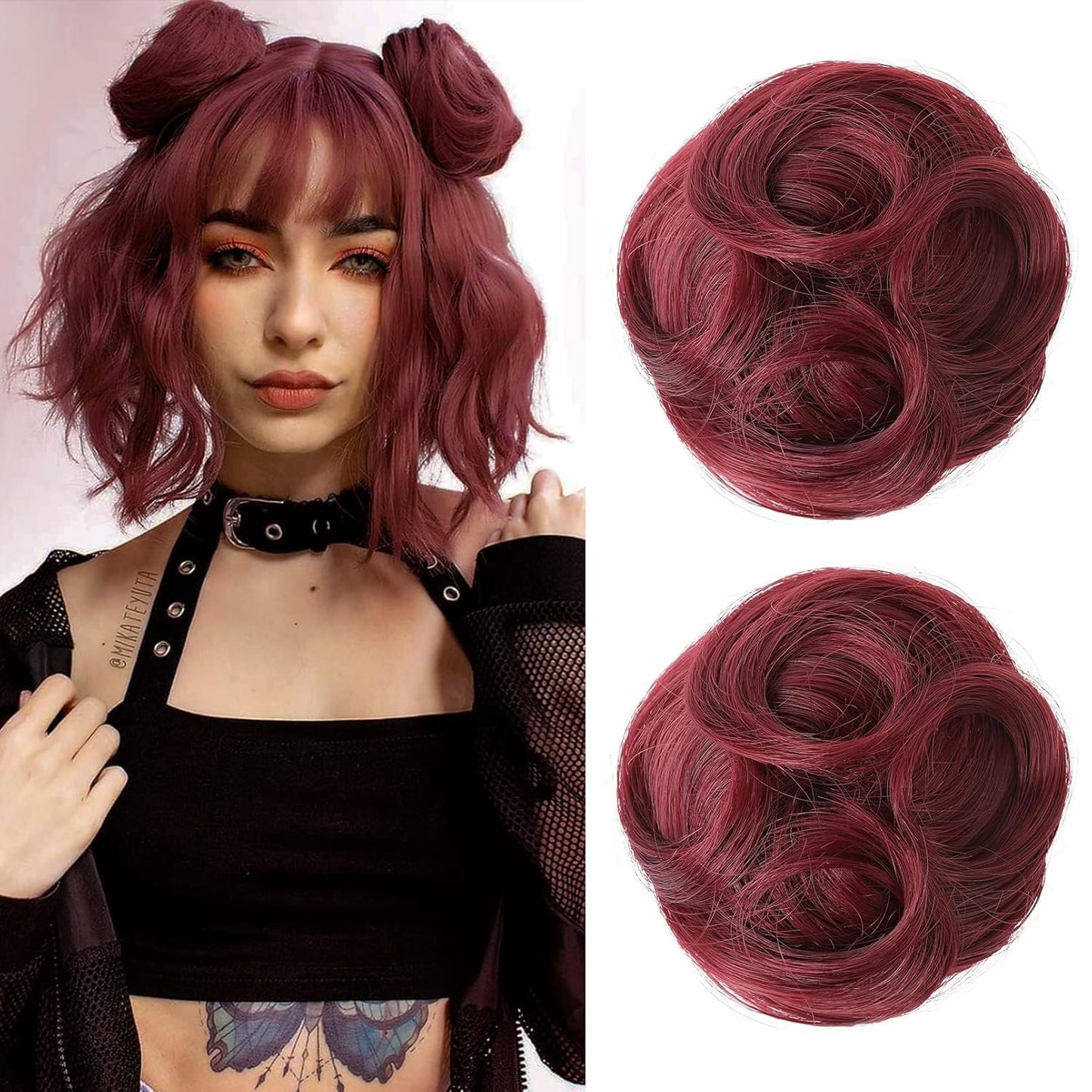 REECHO Mini Claw Clips - Messy & Cat Ears Hair Bun Extensions | 2-Pack, 3.5" Wavy, Natural Black