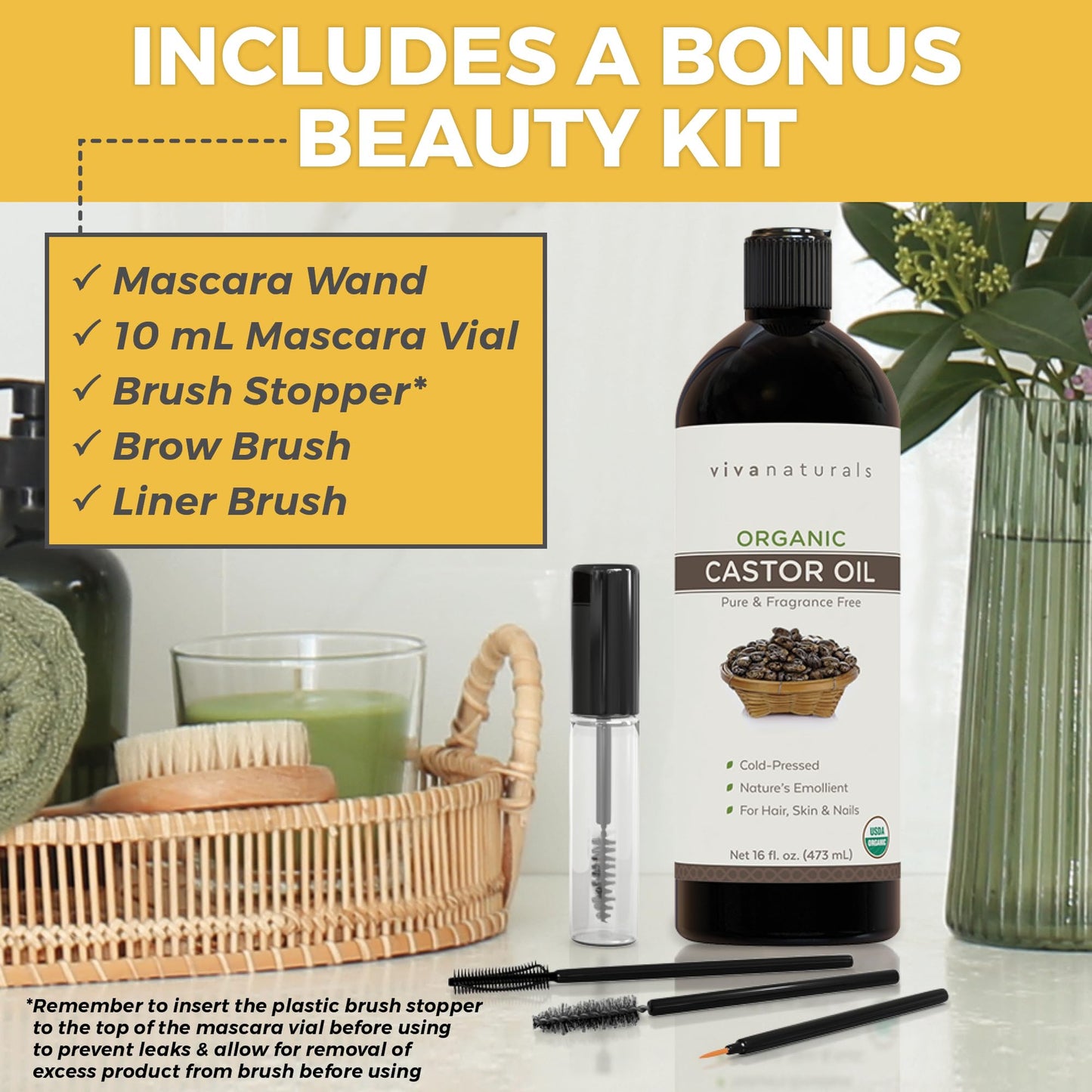 Viva Naturals Organic Castor Oil, Cold-Pressed, 16 fl oz – For Face, Hair, Eyelashes, USDA Organic, Non-GMO - With Beauty Kit