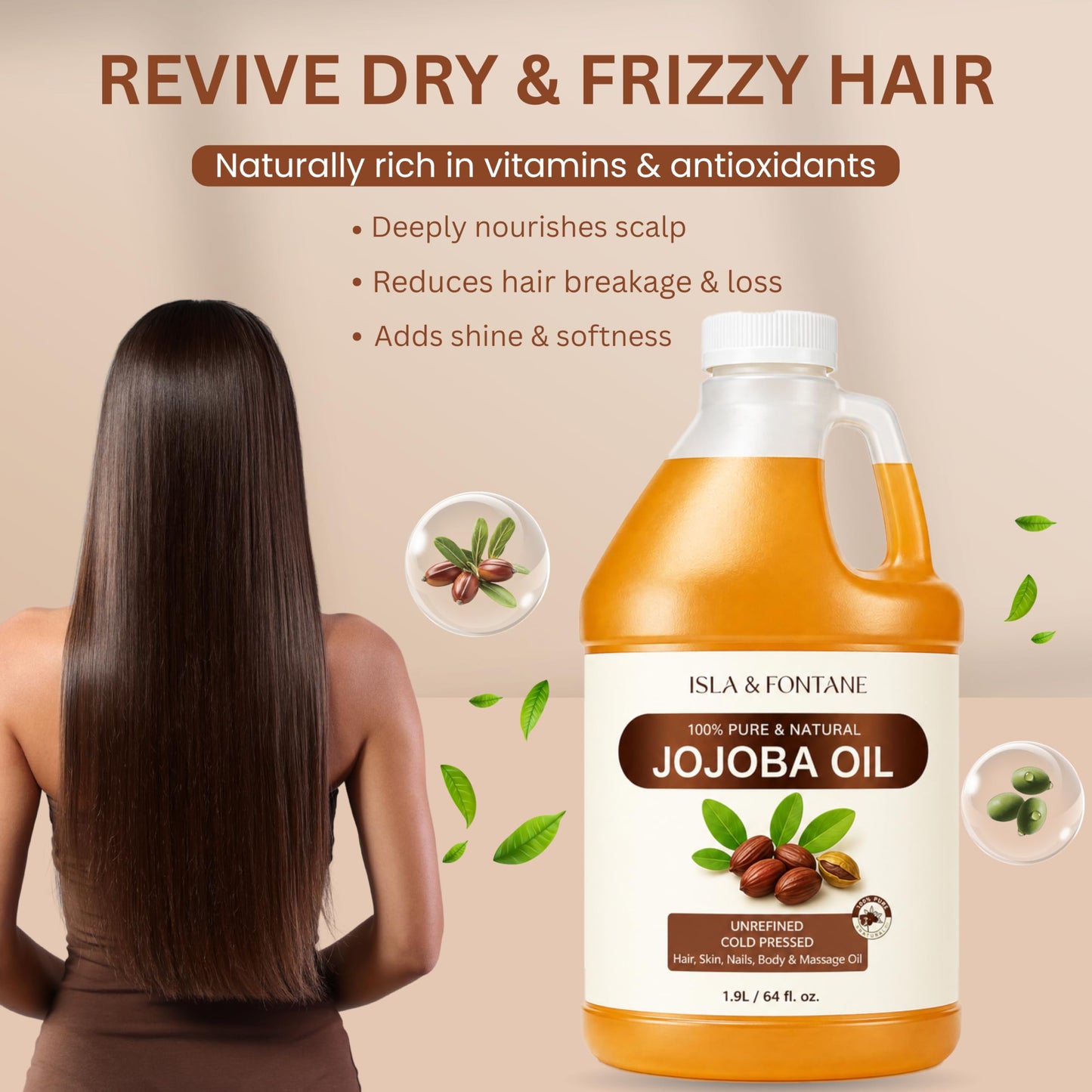 ISLA & FONTANE 100% Pure & Natural Jojoba Oil 1.9L - Cold Pressed, Unrefined, Hexane Free Carrier Oil for Hair, Face, Body & Nails - Vegan, Non-GMO Moisturizer & Massage Oil