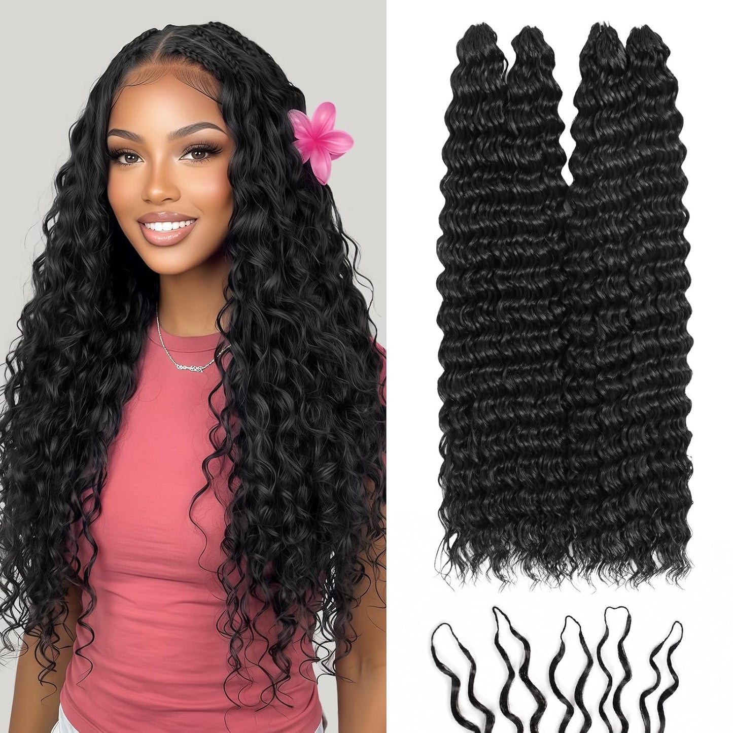 Miracle Knots Feather Crochet Hair Extensions - 14" Deep Wave Synthetic, Glue-Free Knotless Pieces | Natural Black, 50 Strands