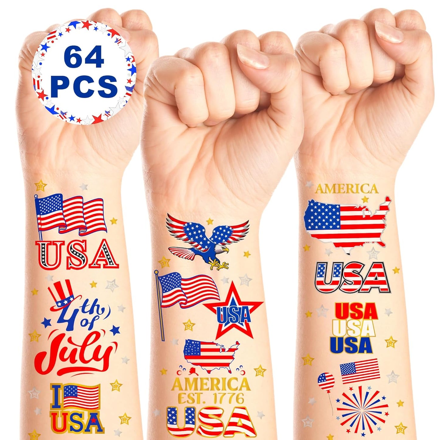 64 PCS 4th of July Temporary Tattoos - Patriotic American Flag Body Art | Red, White & Blue Designs