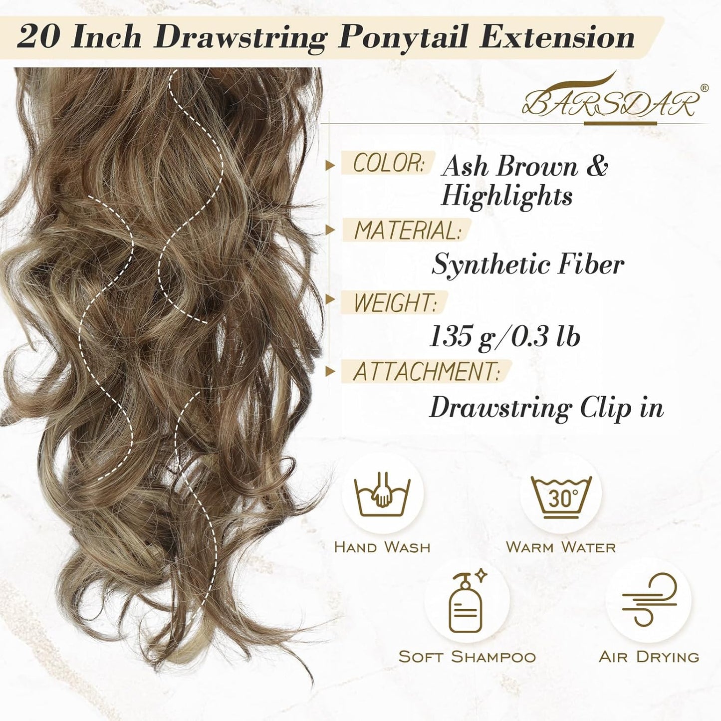 Highlight Ponytail Extension - 20 Inch Curly Wavy Drawstring Hairpiece | Ash Brown & Blonde