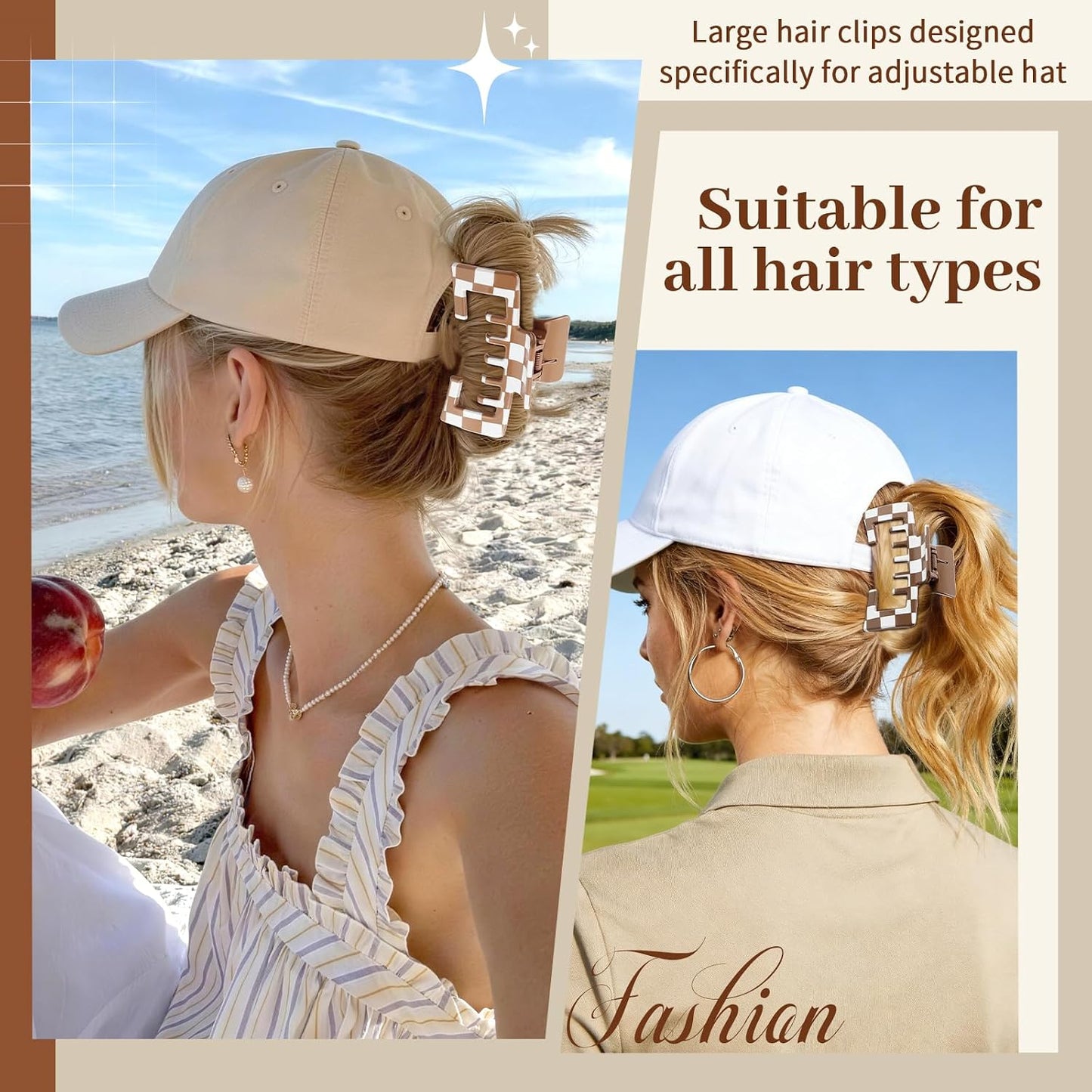 Large Hair Clips for Baseball Caps - 4.1 Inch Non-Slip Claw Clips for Women & Girls | Checkered Design