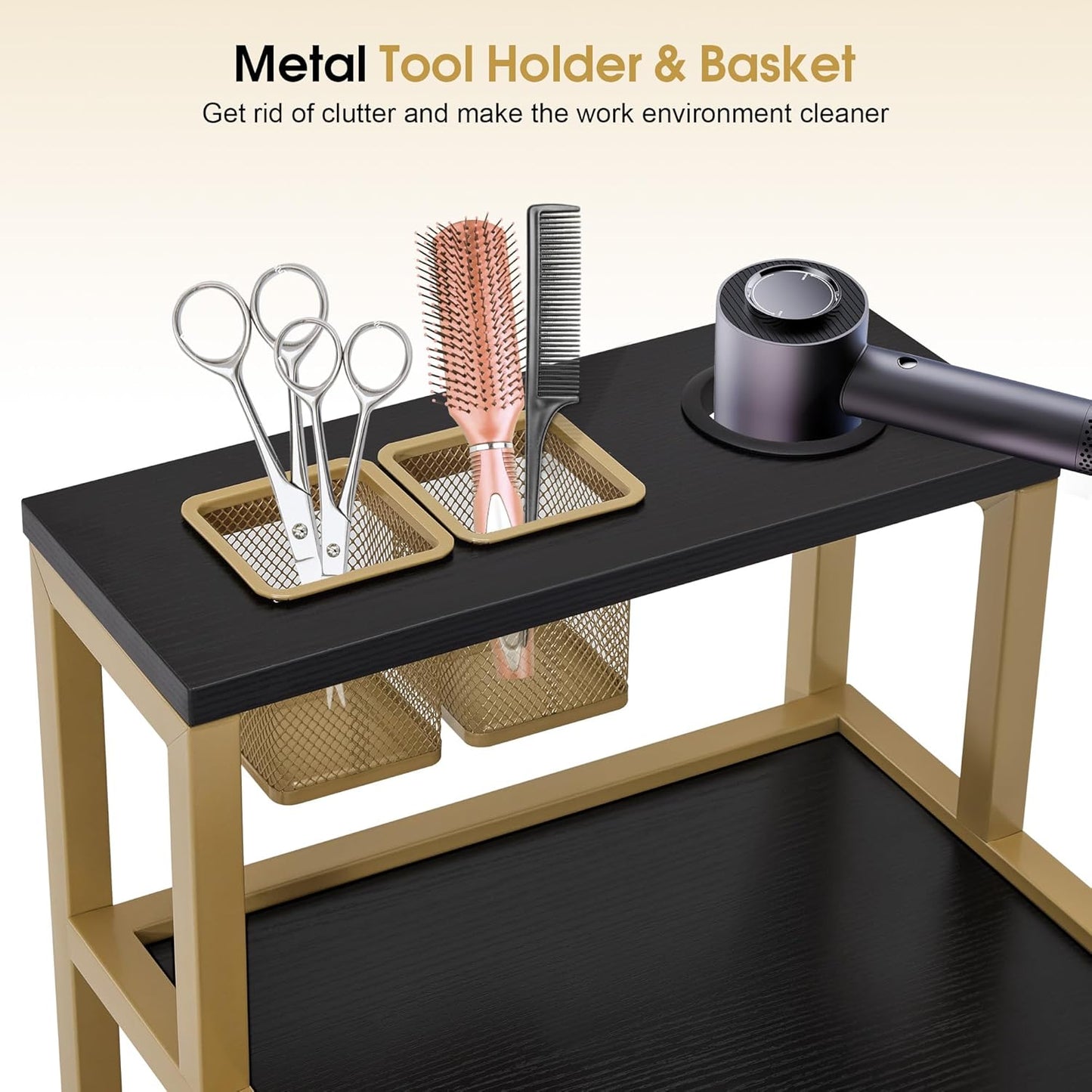 Rolling Salon Cart for Hair Stylists - Barber Trolley with Metal Tool Holder & Storage Drawers | Large Black
