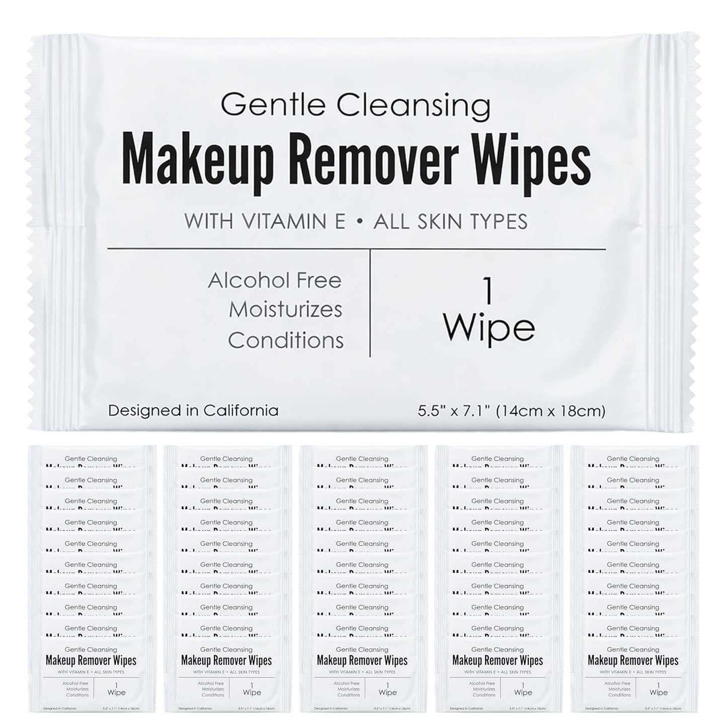 Makeup Remover Wipes - Alcohol-Free Vitamin E Facial Cleansing Wipes for Sensitive Skin | 50 Individually Wrapped Travel-Friendly Wipes