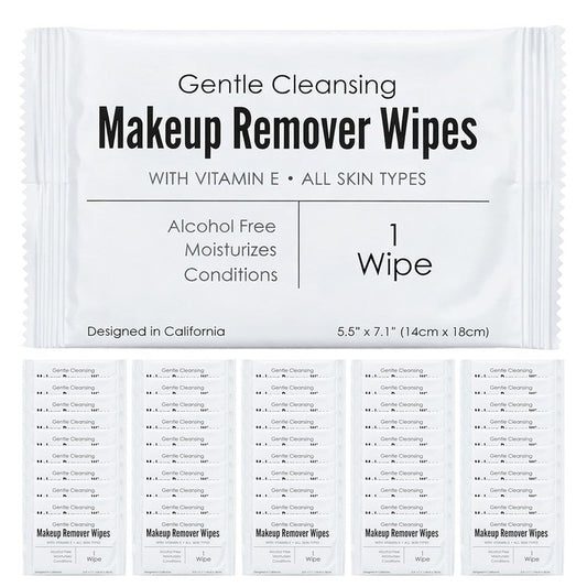 Makeup Remover Wipes - Alcohol-Free Vitamin E Facial Cleansing Wipes for Sensitive Skin | 50 Individually Wrapped Travel-Friendly Wipes