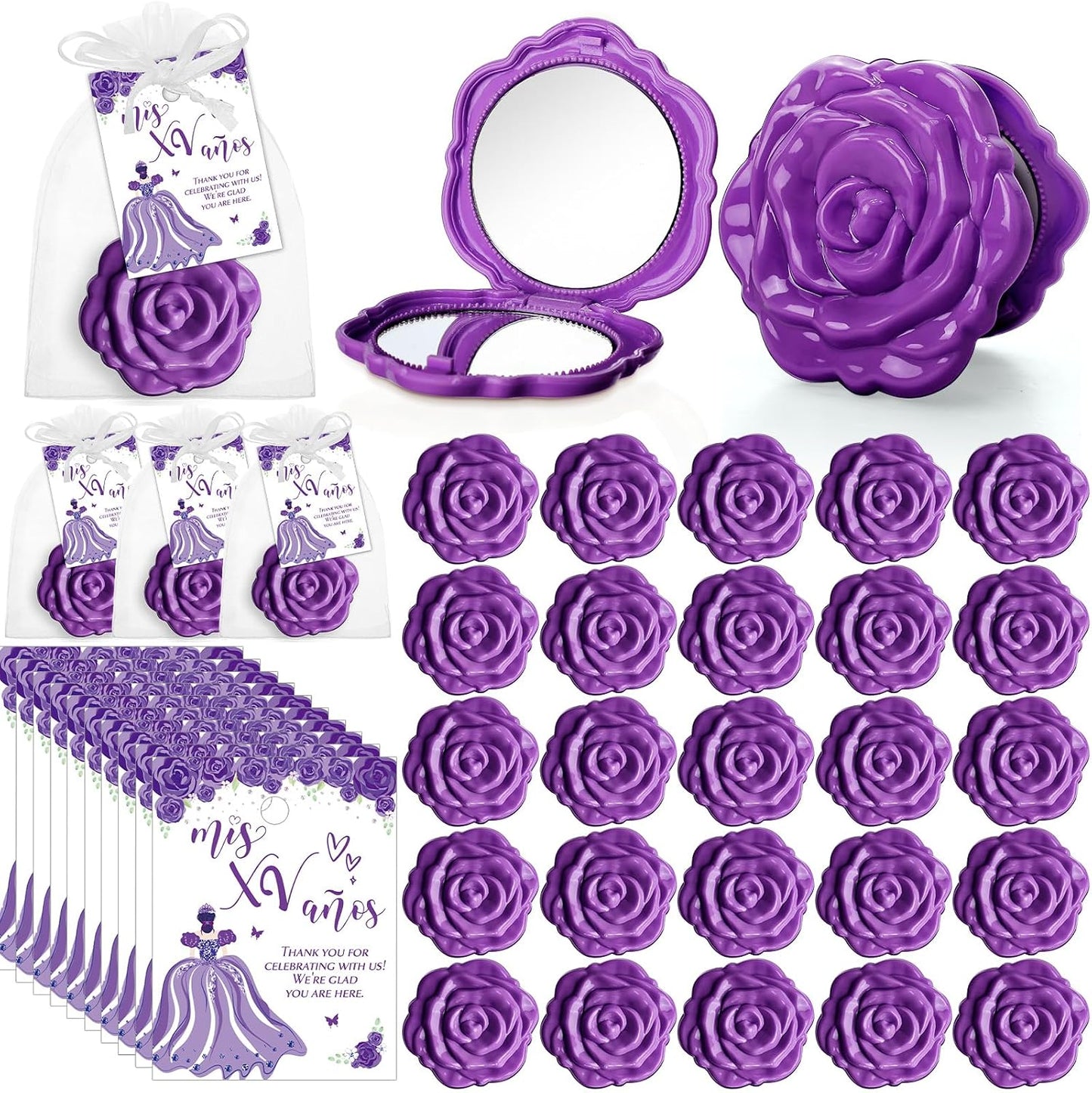 Quinceanera Party Favors - 50 Sets Rose Design Pocket Mirrors | Thank You Cards & Organza Bags (Red)