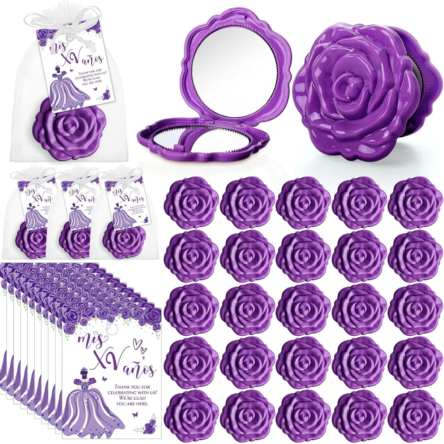 Quinceanera Party Favors - 50 Sets Rose Design Compact Pocket Mirrors & Thank You Cards | Gold Organza Bags