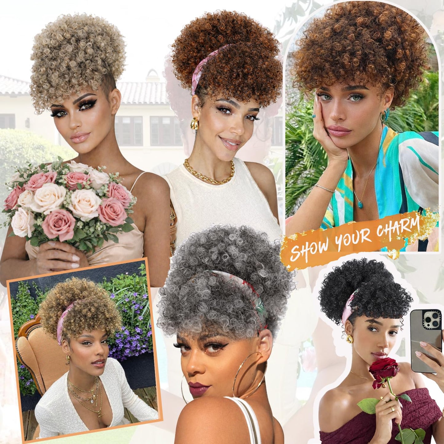 Afro Puff Drawstring Ponytail with Bangs,Short Caramel Brown Mix Natural Black Kinky Curly Synthetic Drawstring Ponytail Extension for Black Women Hair Bun Fluffy Updo for Daily and Party Use 1B/30