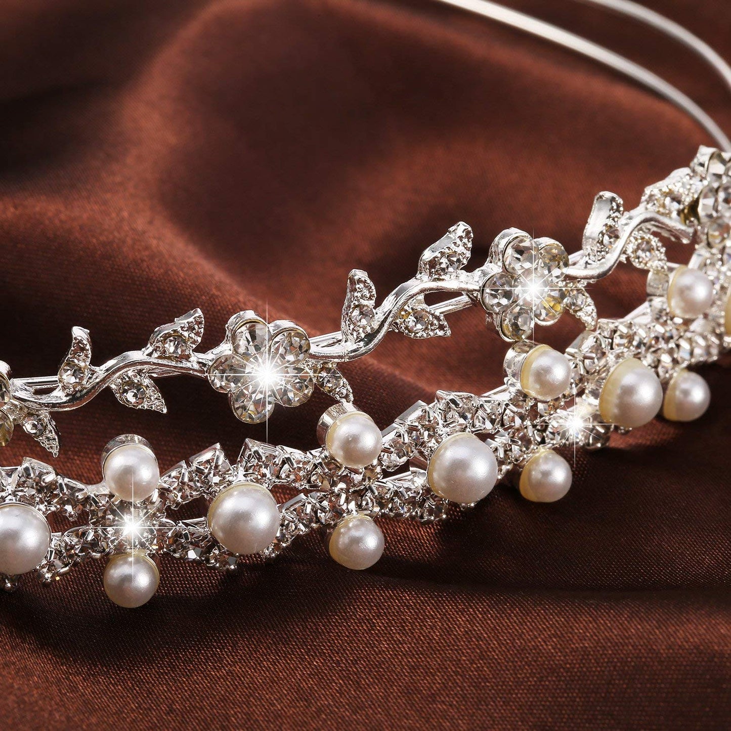 Pangda 2 Pieces Flower Headband for Women Thin Flower Headbands Wedding Headpiece Tiara Hair Accessories Rhinestone Crystal Bands Pearl Leaves Crown for Bridal Bridesmaids Prom First Communion