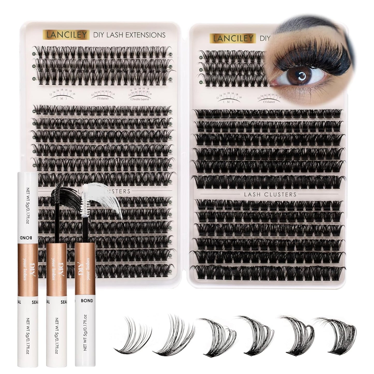 Eyelash Clusters Kit - 80D & 100D Thick Volume Lashes | 10-18mm DIY Individual Extensions with Bond & Seal