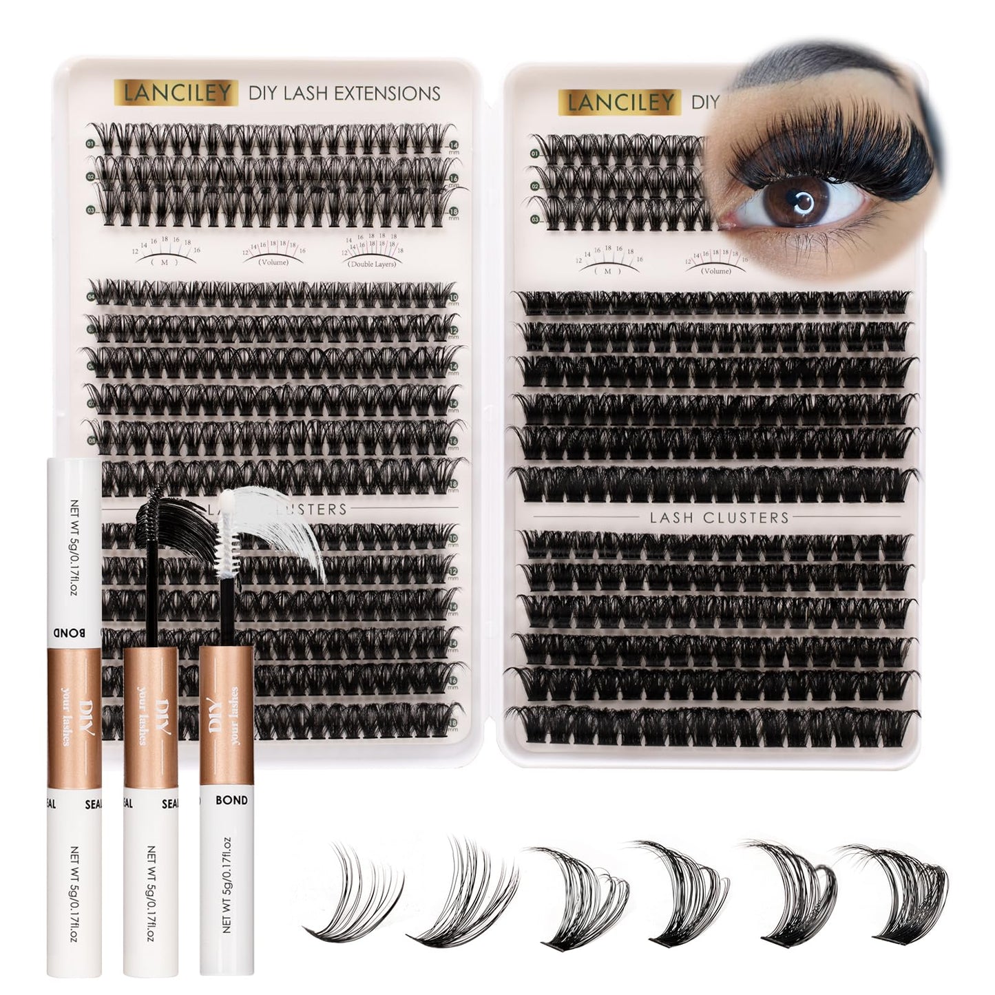 Lash Clusters 564pcs Eyelash Clusters 40+50+60+80+100+150D Cluster Eyelash Extensions Kit Thick Volume Individual Lashes Natural Lashes DIY Lash Extension Kit with Bond and Seal and Tweezers-40-150D