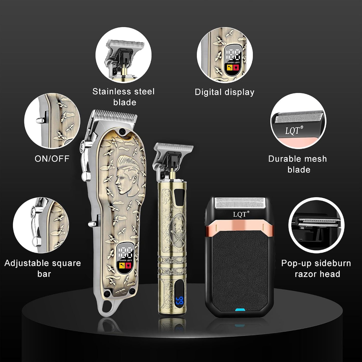 Professional Barber Kit - Cordless Hair Clipper, Trimmer & Shaver Set with LED Display | USB-C Rechargeable, Low Noise, Grooming Gift for Men (Bronze)