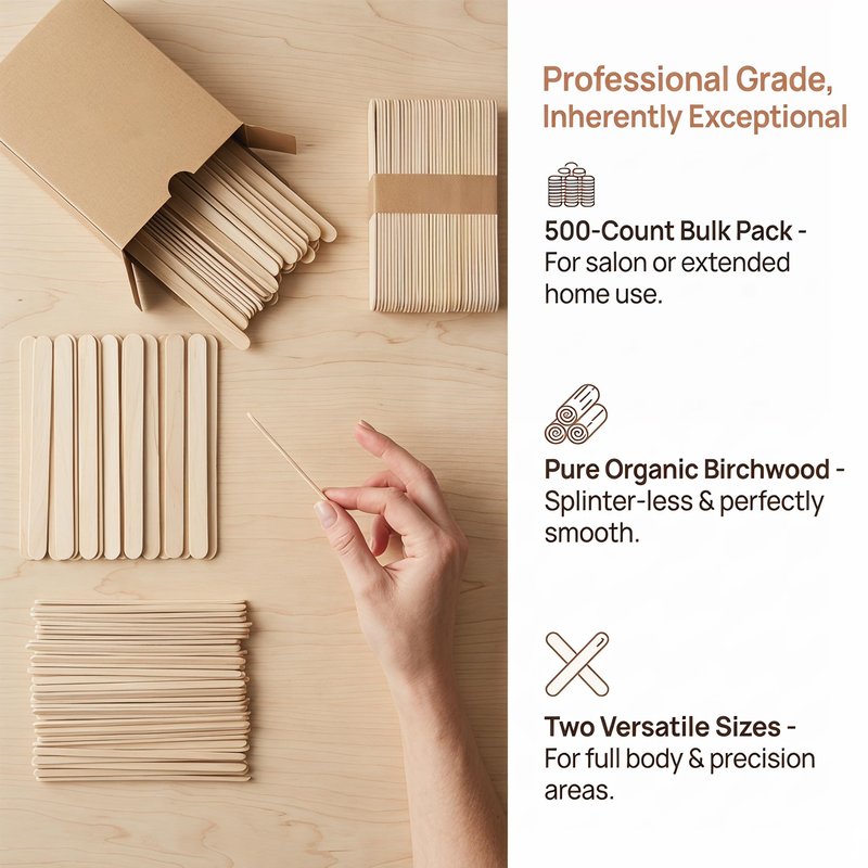 500PCS Professional Wax Sticks, Wooden Hair Removal Applicators, Natural, 5.9 Inch, 2 Sizes for Body and Precise Areas