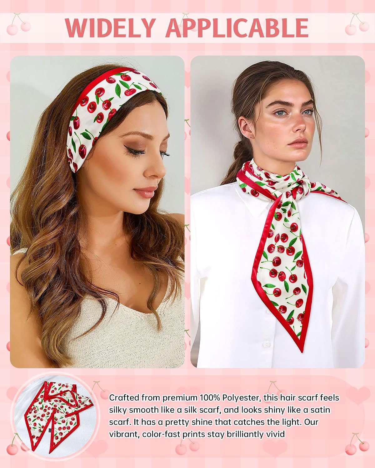 Cherry Head Scarf for Women - Long Thin Satin Hair & Neck Wrap | Fashion Accessory