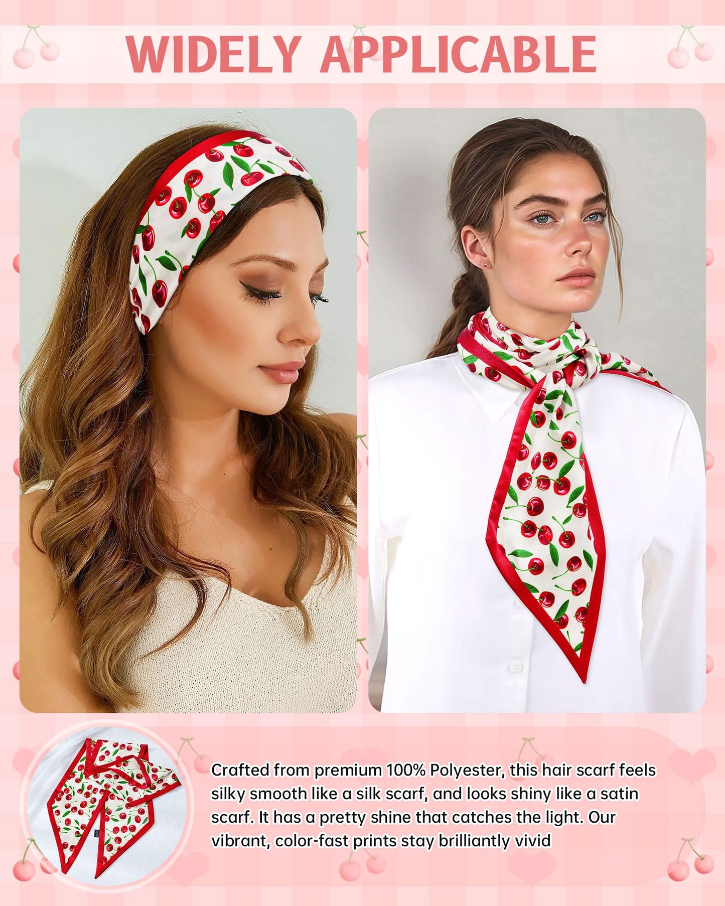Mesovor Cherry Head Scarf Hair Neck Scarves for Women, Silky Scarf for Purse Bag Handbags | Satin Skinny Scarf Headbands for Country Concert Western Outfits (Cherry (White))