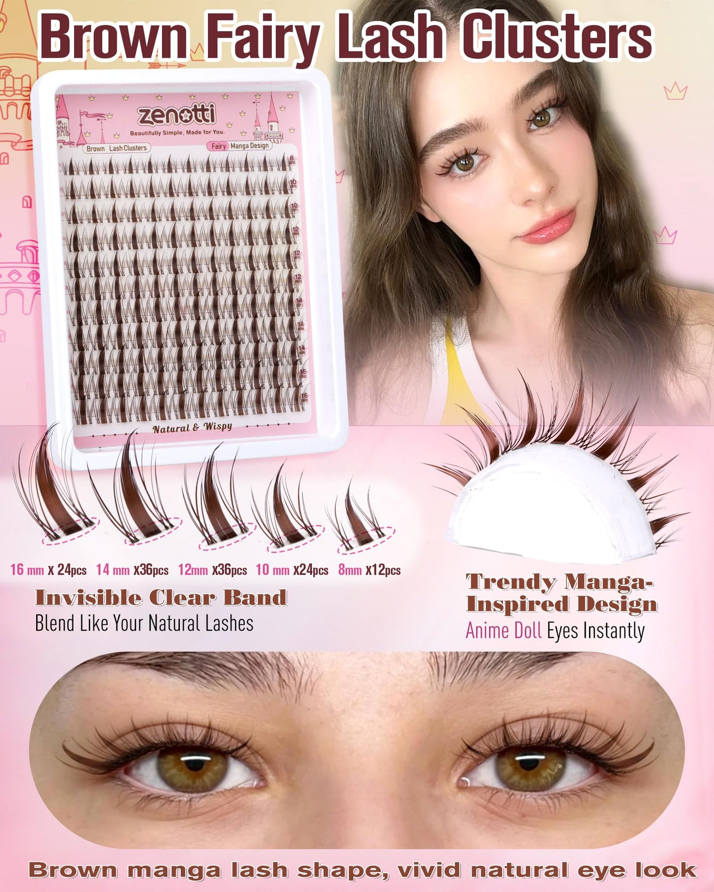 Brown Lash Clusters Manga Eyelash Clusters Natural Fairy Cluster Eyelash Extensions Wispy Spiky Individual Lashes Invisible Band DIY Anime Lash Extensions with Clear Band 8-16MM by zenotti