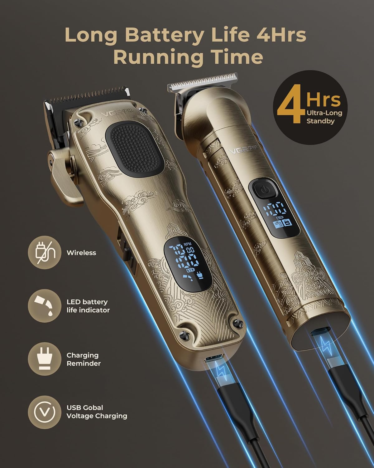 VGRPRO Hair Clippers for Men - Professional Cordless Hair Cutting Set | Electric Trimmer with Case (Golden)