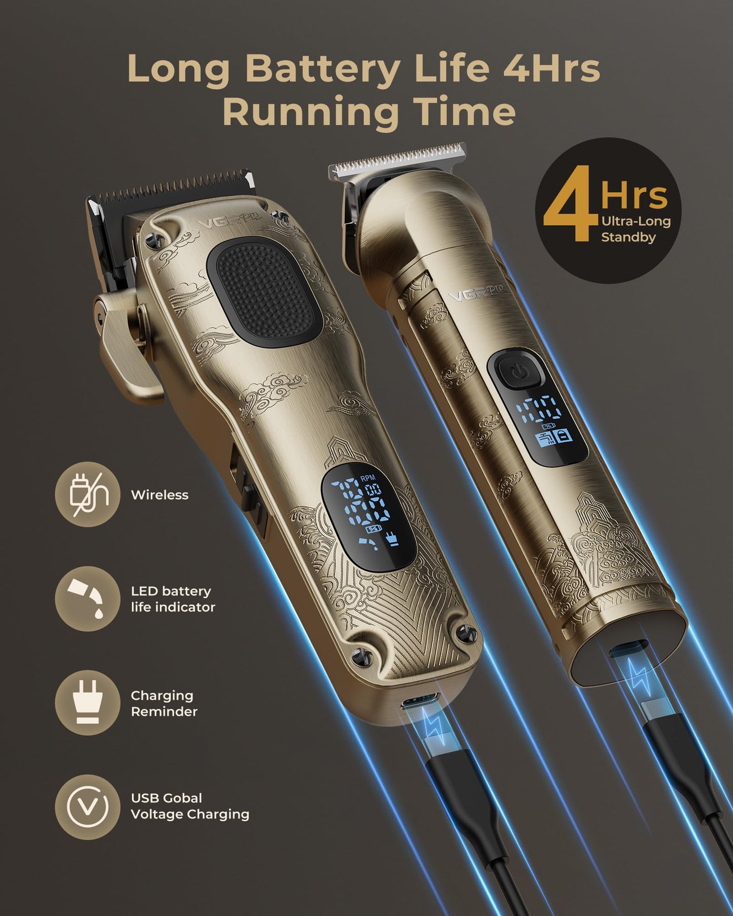 VGRPRO Hair Clippers for Men Professional, Cordless Hair Clippers for Hair Cutting, Mens Clippers and Trimmers Set, Electric Hair Trimmer for Men with Package Case (Gloden)